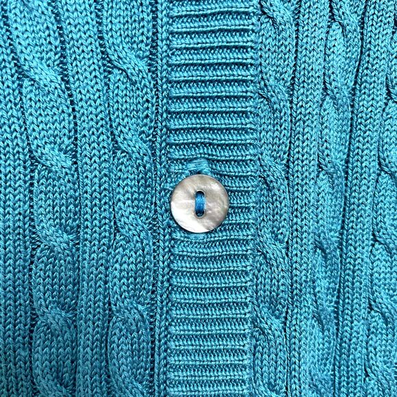 Vintage 90s Tail XL Teal Silk Cable-Knit Sweater Vest V-Neck Mother of Pearl - Picture 6 of 10